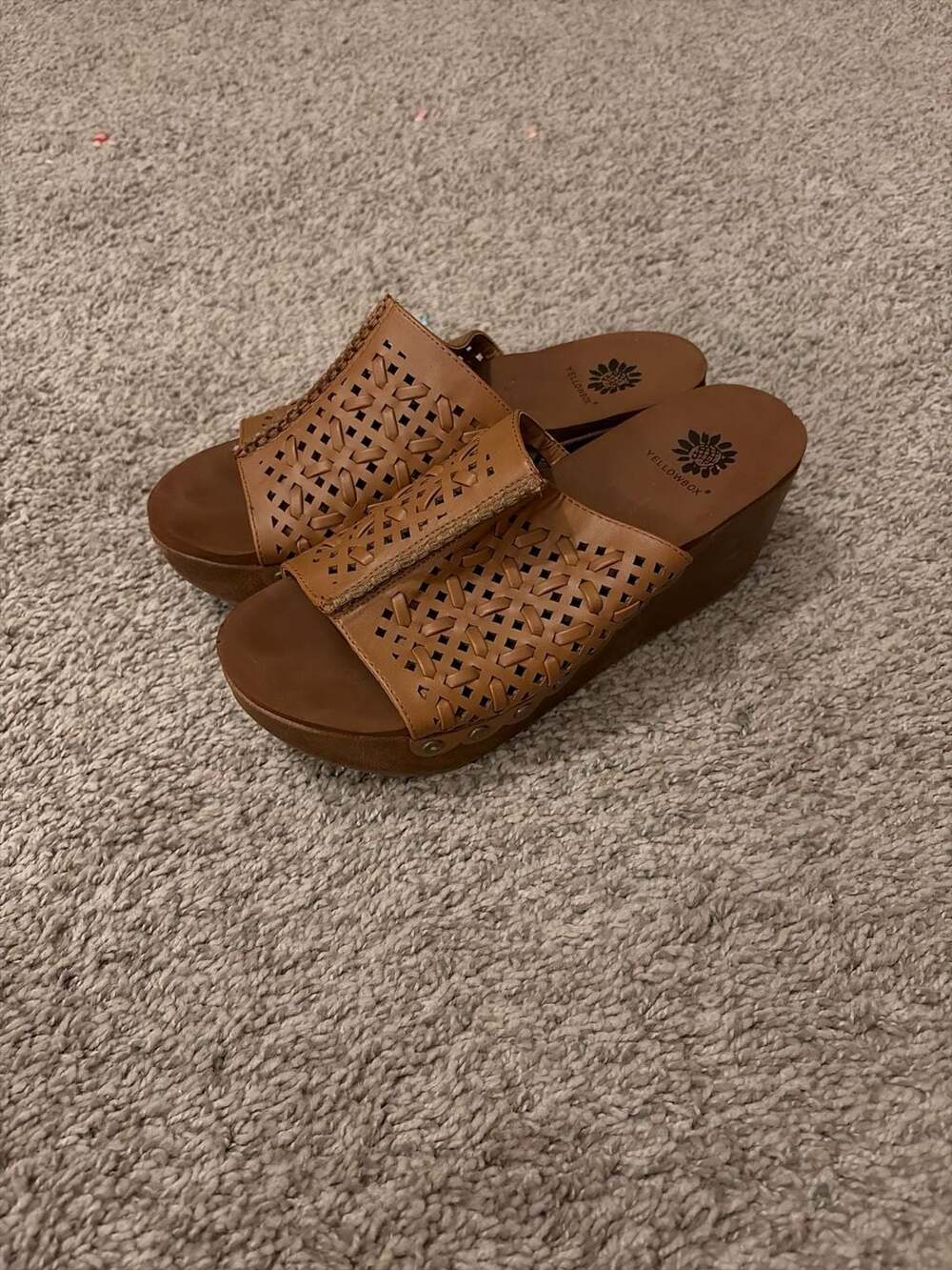 Yellow Box Laser Cut Leather Wedge Slide Sandals